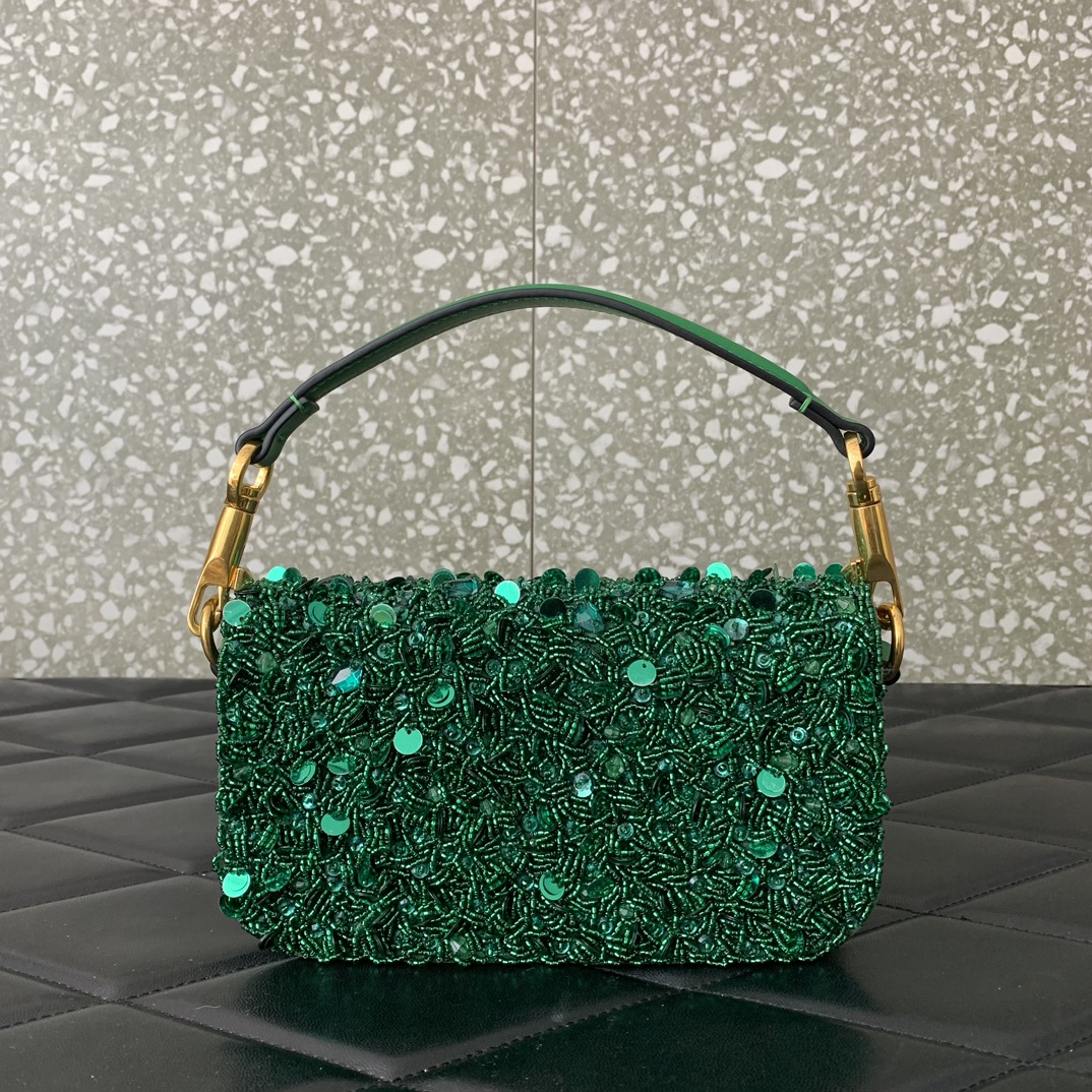 Valentino Garavani Loco Small Embroidered Shoulder Bag with Green Beaded Fringes